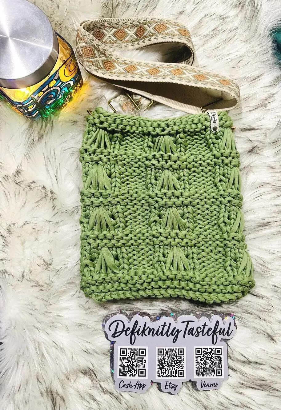 Hand Knit Avocado Green Crossbody Bag: T-Shirt Yarn Purse with Guitar Strap